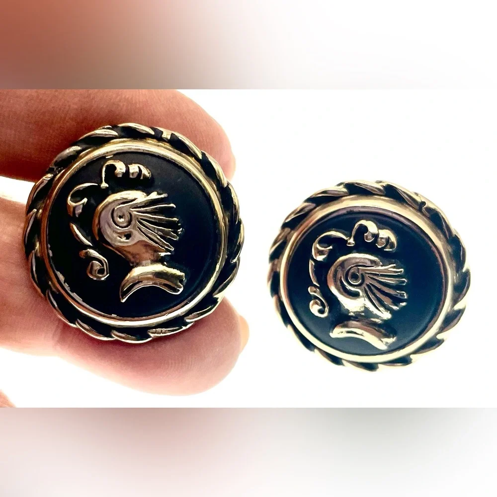 Vintage Knight Themed Round Cufflinks Raised Helmet on Black Matte Background